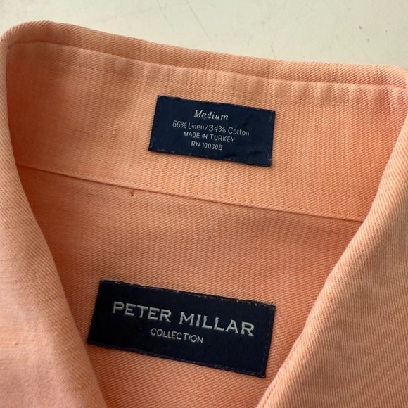Peter Millar Collection Light Peach Orange Linen Blue Button Up Shirt Men MEDIUM - Picture 4 of 7